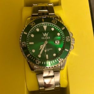 Olevs  men’s watch green face green bezel and stainless steel strap